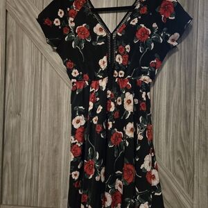 Floral Black Dress with Red and Light Pink Flowers